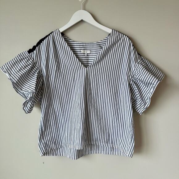 Sandro | Blue and White Stripe Flutter Sleeve Top Size 3 (L) - Picture 2 of 8